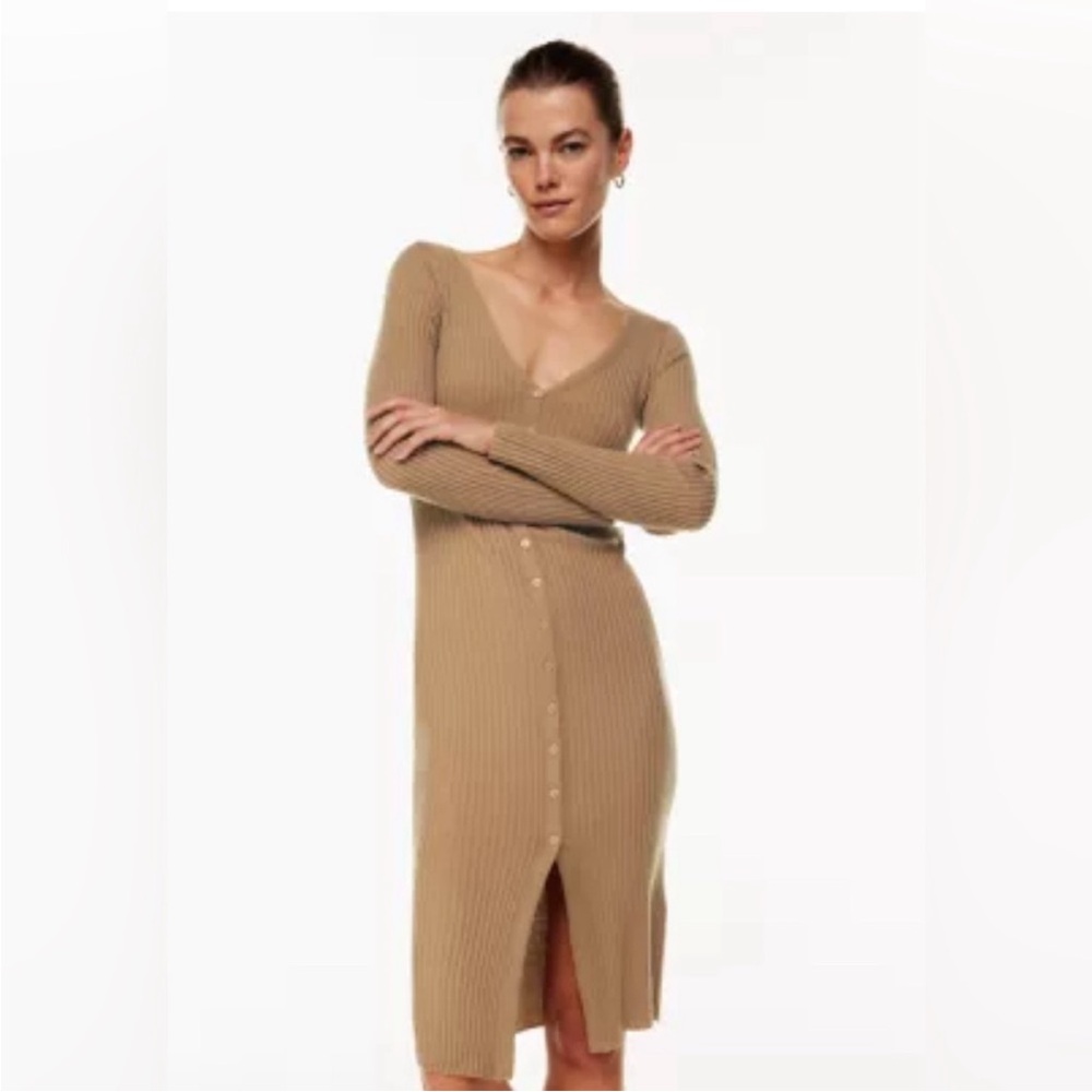 Elegant Tan Ribbed Knit Dress